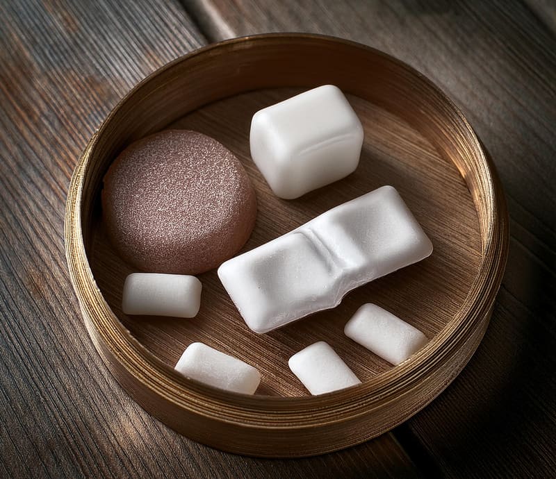 Pieces of chewing gum in a small wooden bowl