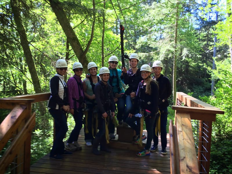 Team in helmets on a forest ropes course