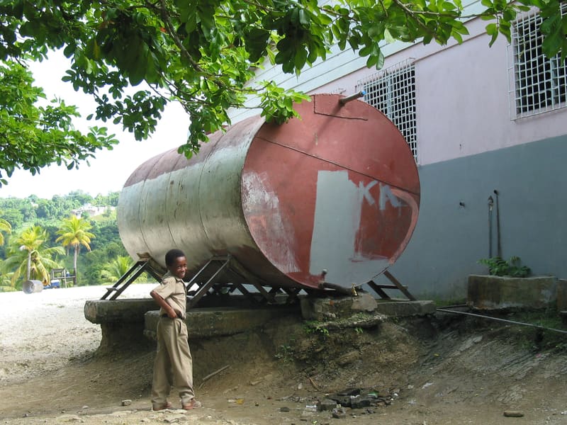 Water tank beside a school building abroad